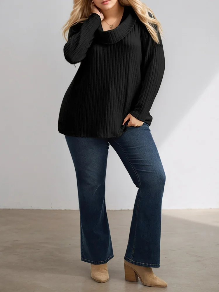 GIBSIE プラスサイズ スカーフカラー ブラック リブニット Tシャツ レディース 秋冬 カジュアル 長袖 無地 ティー トップス 女性用