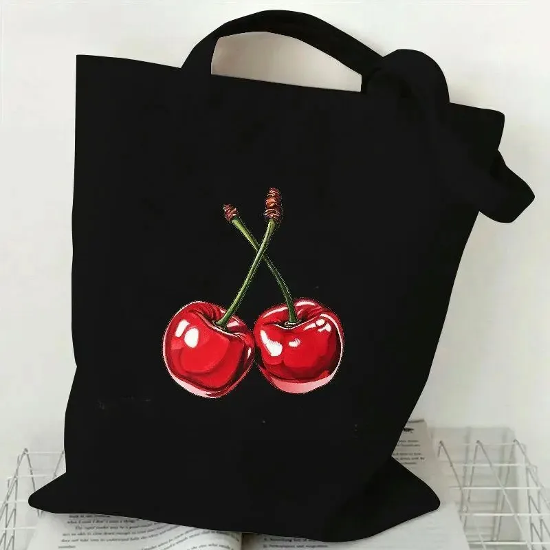 Bowknot Cherry Pattern Print Canvas Tote Bags, Ladies Shopper Bag, Fashion Harajuku Style Shoulder Bags for Casual Shopping Bag