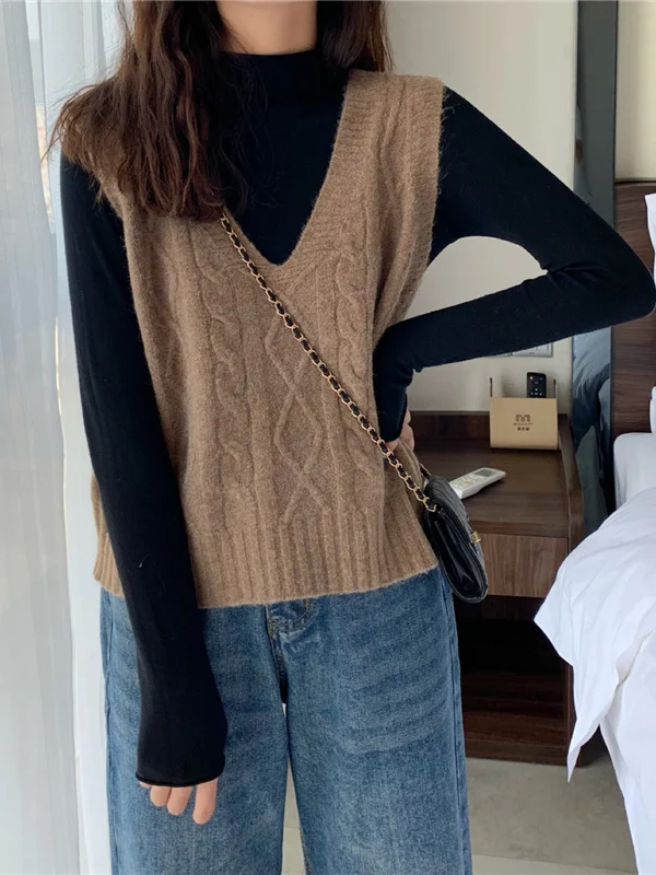 Camisola de malha colete feminino ort Svel V-Ne pulôver topo outono inverno nova chegada fibra de poliéster solto ajuste sle