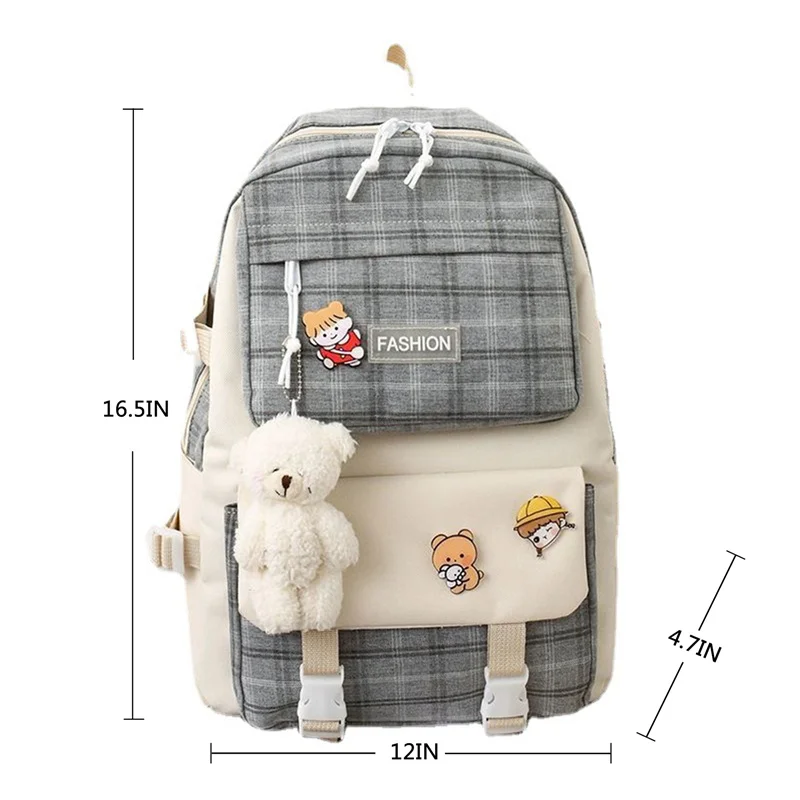 Bolsas de Ombro da Escola Primária para Meninas, Mochila Estética Bonita, Bolsa Escolar de Grande Capacidade com Pingente, 3 Cores, 5 Pçs por