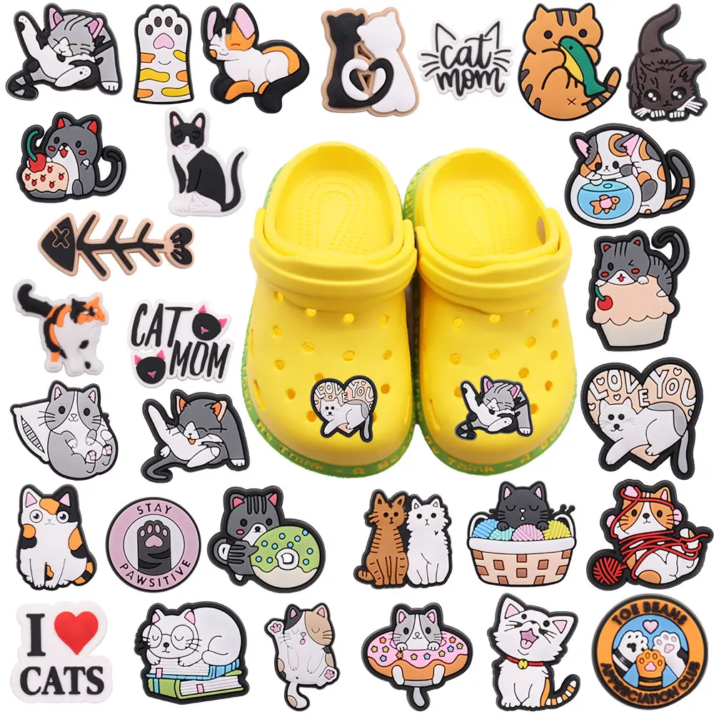 1pcs Cute Active Cat Meow Fishbone PVC Shoes Charms Kids Animals Designer Sandals Decoration DIY Birthday Gifts