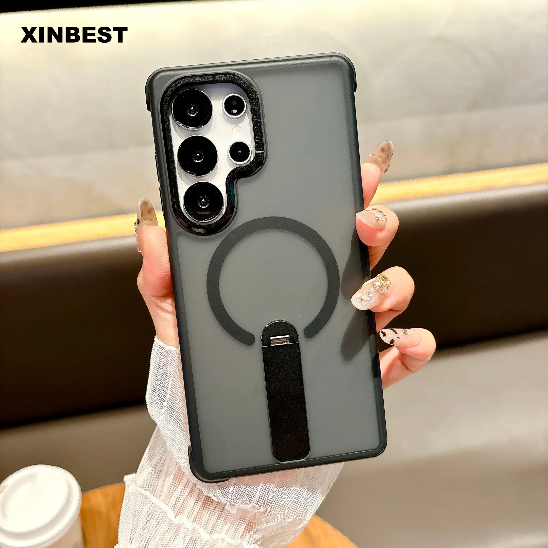 Luxury Magneti Matte semi-transparent back For Magsafe Case For Samsung S26 S25 S24 Ultra Plus Metal Folding Stand Holder Cover