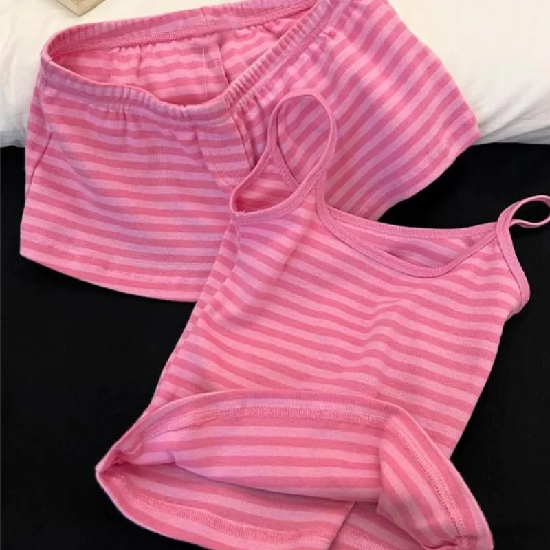 Dopamine Pink Striped Camisole Pajamas New Summer Women's Summer Outfit Sweet Shorts Homewear Set Comfortable Daily Wear Pajamas
