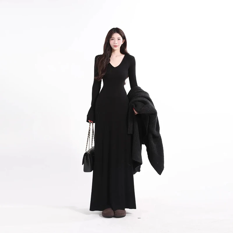 V Neck Knit Elegant Long Dress Women Fashion Skinny Long Sleeved Dress Pretty Style Fall Winter Solid Soft Korean Night Vestidos