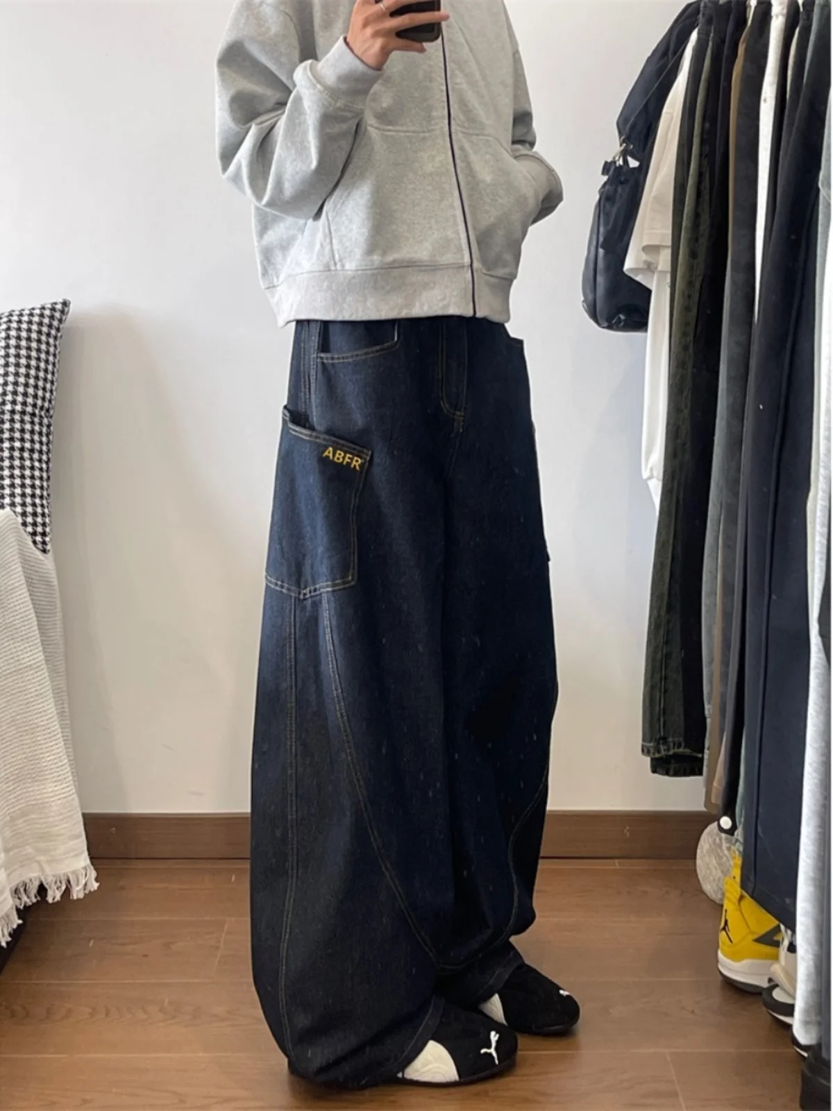 American Retro Wide Leg Men's Jeans Loose Straight CleanFit Bend Knife Pants Autumn Lazy Sle Long Pants Youth Trend