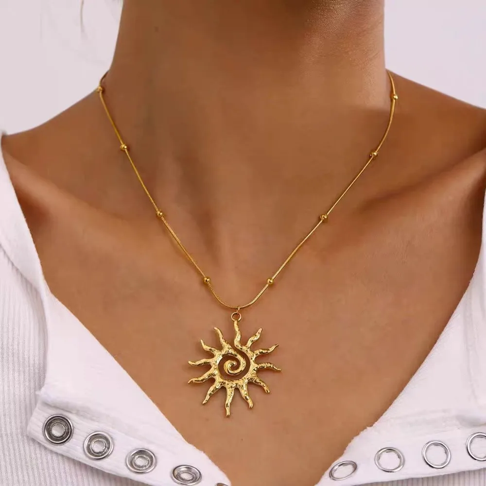 Fashion Vintage Chic Sun Shaped Pendant Necklace Stainless Steel Earrings Statement Golden Fashion Jewlery Accessories Gift image 4
