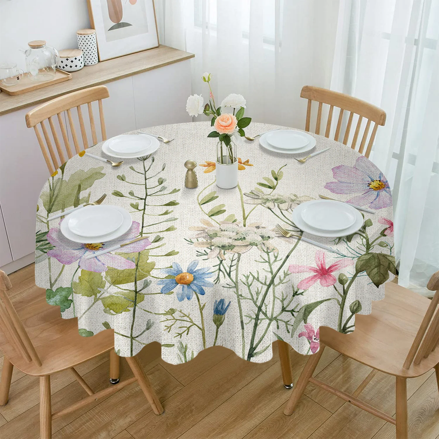 Spring Flowers Herbs Fields Retro Waterproof Tablecloth Table Decoration Round Table Cover for Kitchen Wedding Home Dining Room