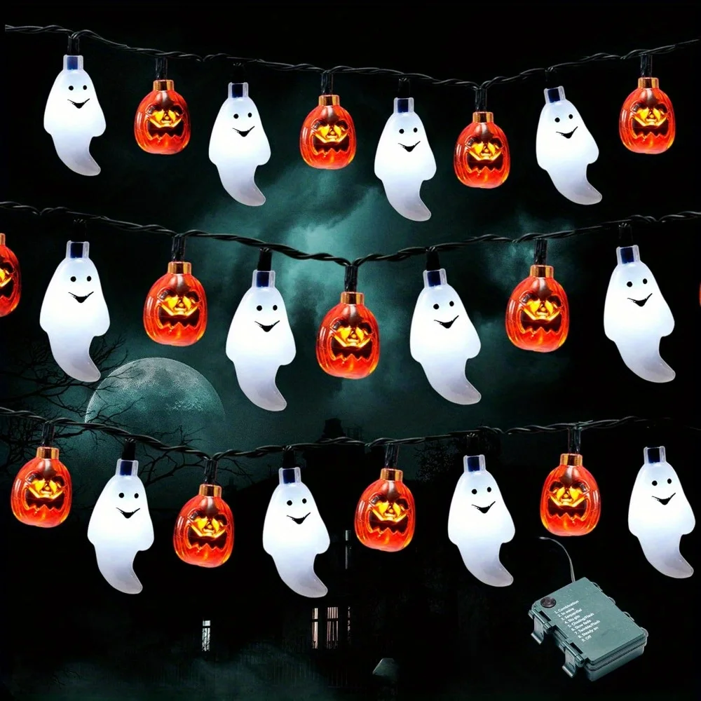 19.7FT 30pcs LED Battery Operated Ghost Pumpkin Halloween String Lights Decorations 3D String Light with 8 Lighting Modes for Home Indoor Outdoor Halloween Party Decor(Orange/White Color)