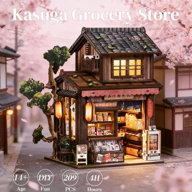 DIY Wooden Kasuga Grocery Store Cottage Miniature Dollhouse 3D Puzzle Assembly Model Kits for Adults Birthday Gifts Home Decor