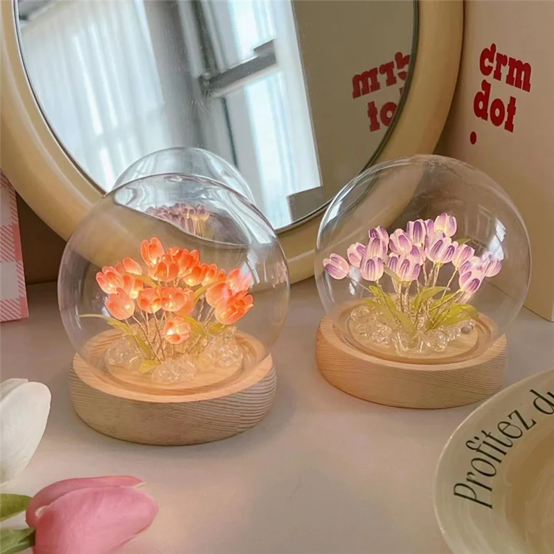 ABBN-Artificial Tulip Flower Night Light Ornaments Handmade DIY Bedside Lamp LED Night Lamp Bedroom Decor Table Lamp Durable ,Pi
