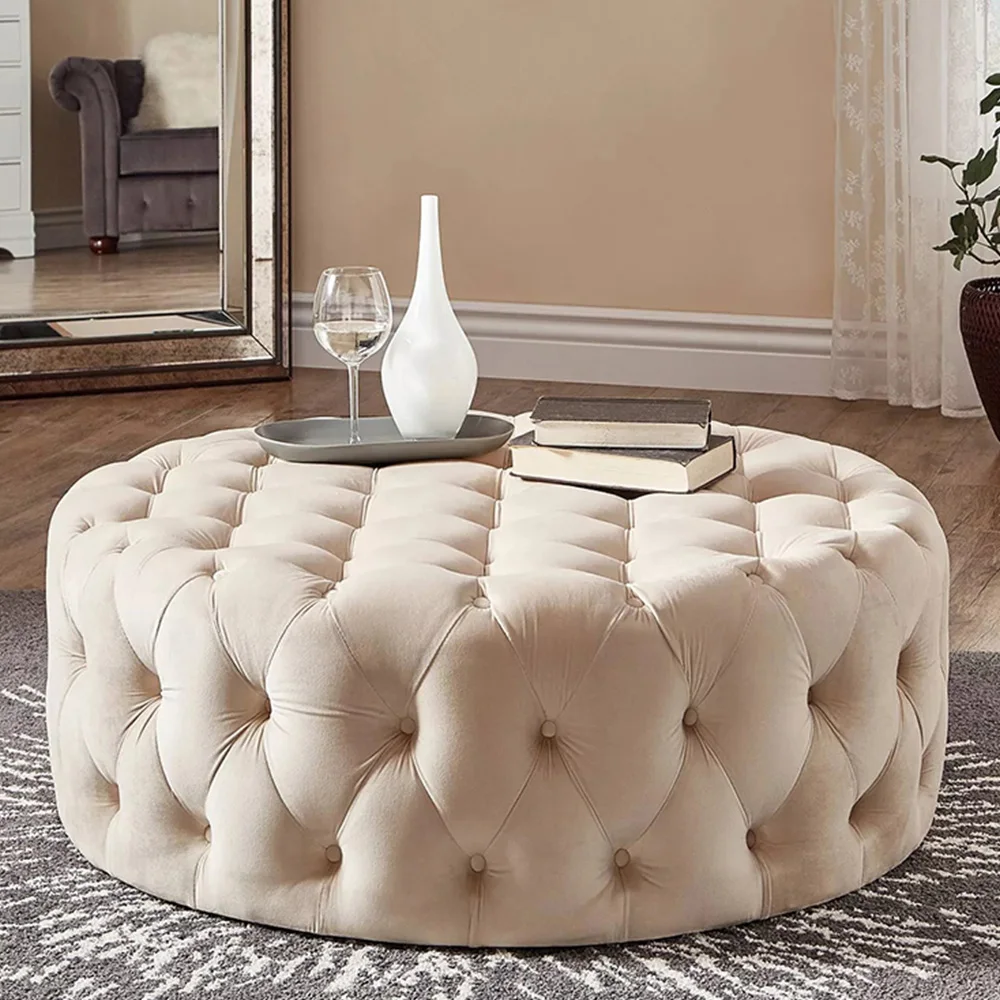 High Quality Ottoman Chesterfield Round Ottoman Pouf Living Room Ottoman Sofa Chairs Sofa Stool Velvet Foot Stools