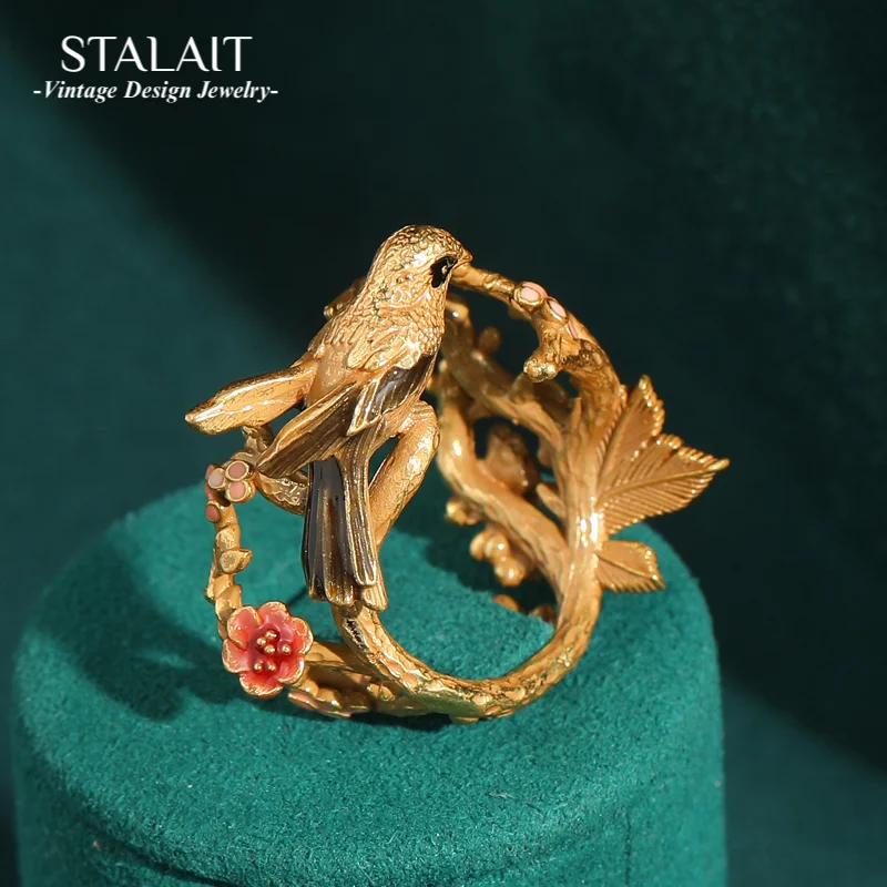

Vintage Gold Color Birds Rings Plum Blossom Branches Hollow Accessories For Woman Luxury Quality Finger Party Jewelry 2025