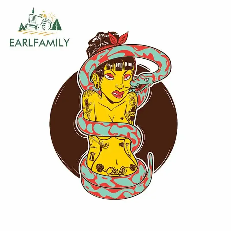 EARLFAMILY 13cm x 10cm Woman Entangled By Snakes Cartoon Car Stickers Funny Sketch Tattoo Decals Vinyl Auto Refrigerator Decor