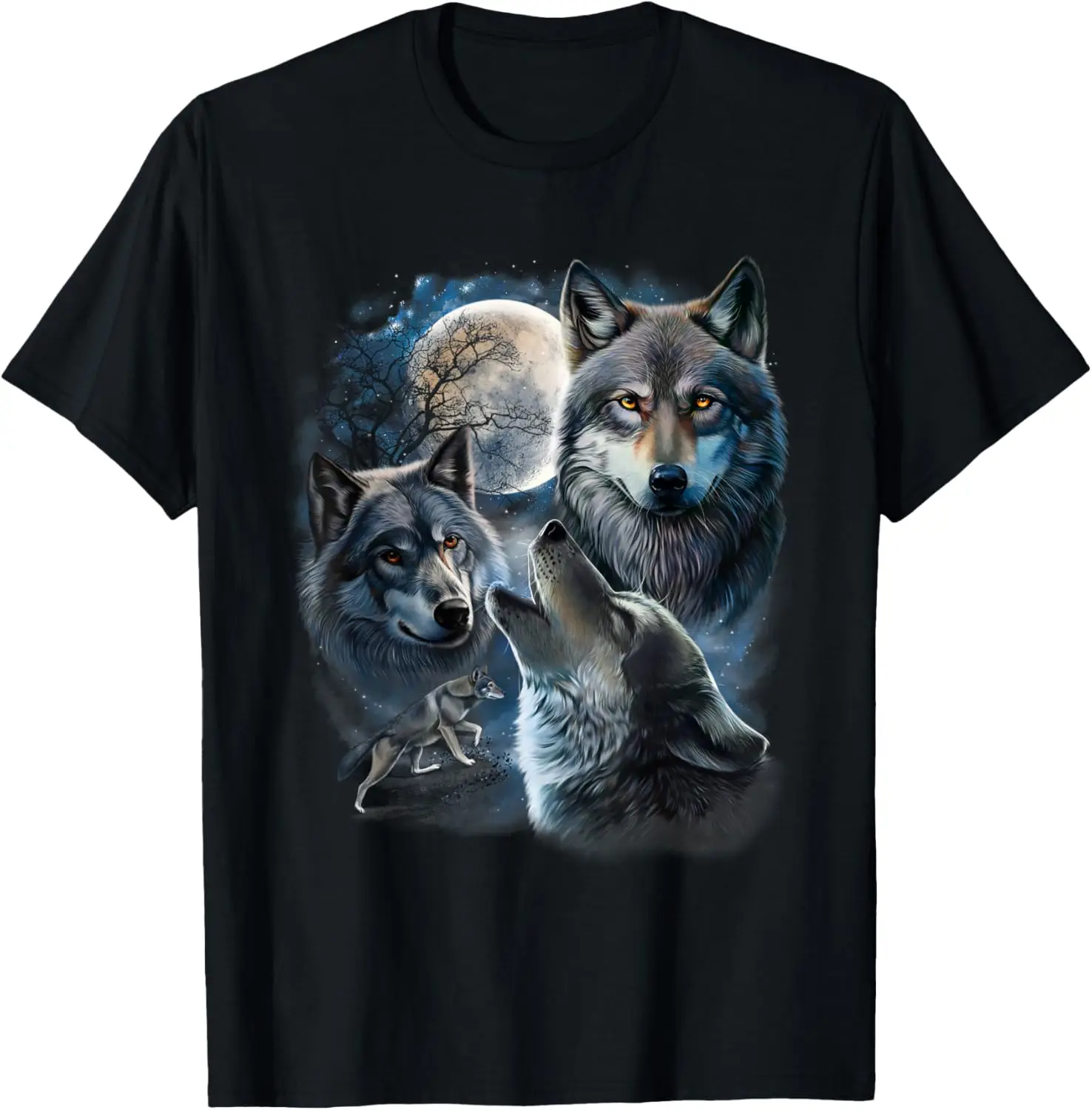 Wolf Pack Howling Under Full Moon Graphic Print Cotton Crewneck T-Shirt For Men Casual Streetwear