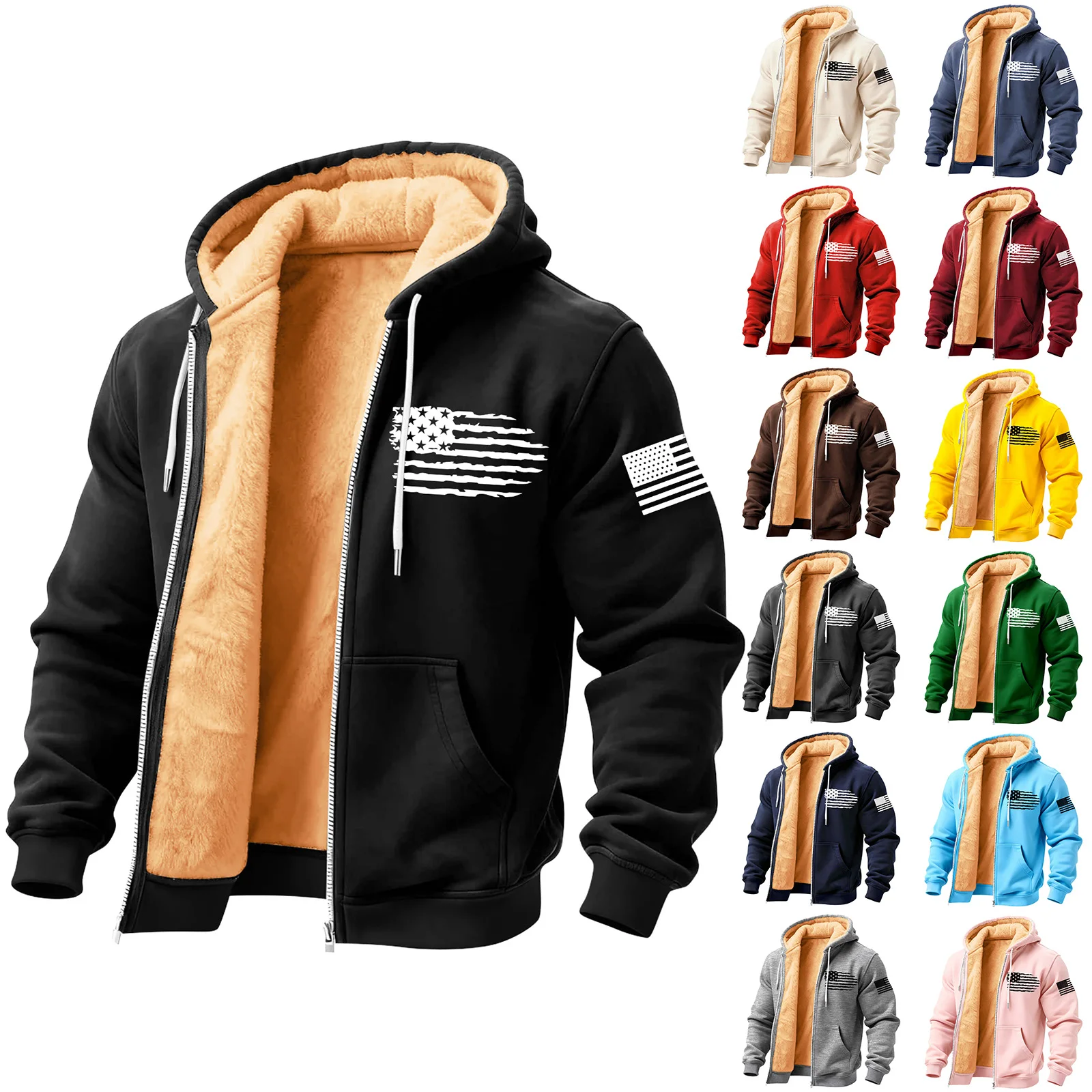 

Men'S Flag Print Fleece Lined Zip Up Pocket Hooded Sweatshirt Cardigan Men'S Casual Sweatshirt Cardigan Casual Jacket