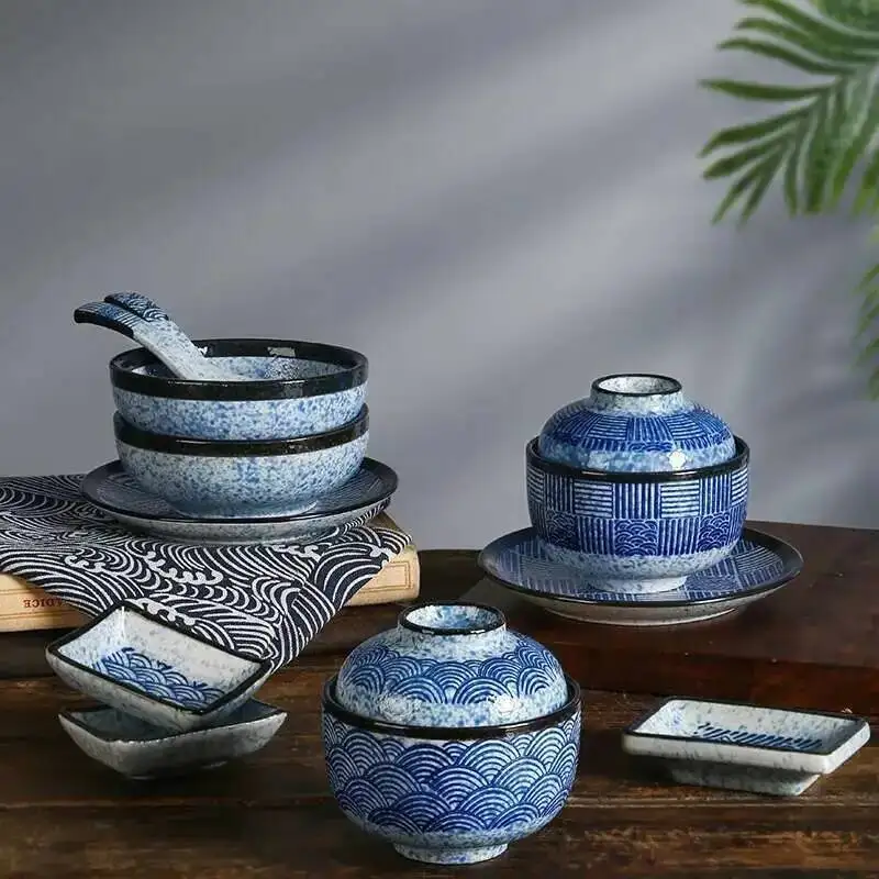Wave Pattern Tableware Stew Bowl Ceramic Dessert Bowl With Cover Cup Spoon
