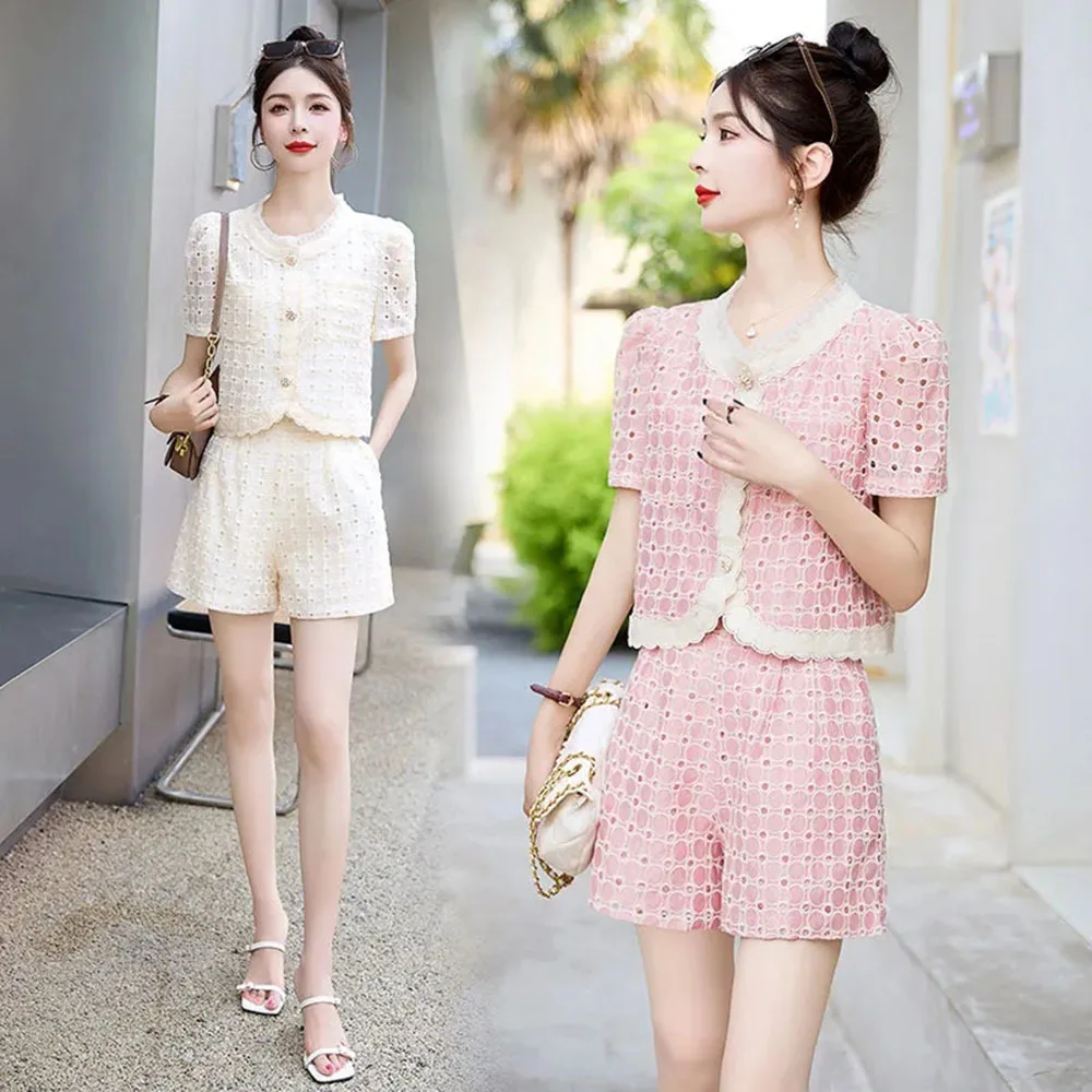 Korean Fashion 2024 Summer Sweet Pink Two Piece Set Women Single Breasted Embroidery Hollow Tops + Pockets Wide Leg Shorts Suit