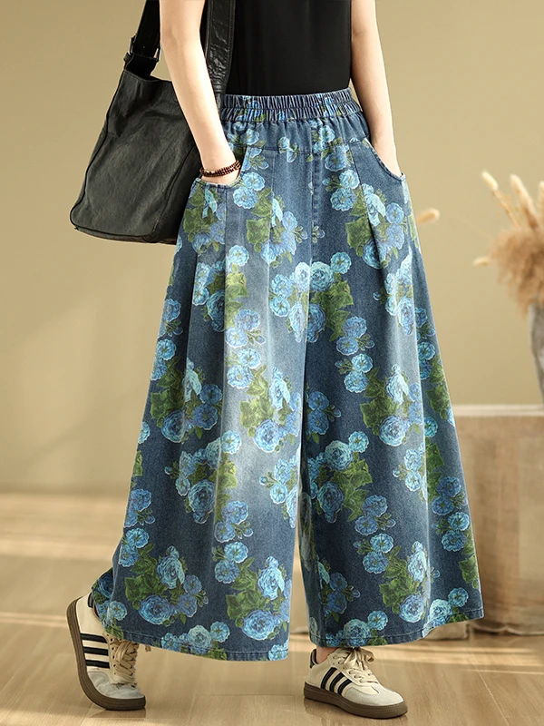 plus Size Denim Wide Leg Pants High Waist Nine Points Blue Jeans Elastic Waist Printed Casual Versatile Loose Fit Straight Leg