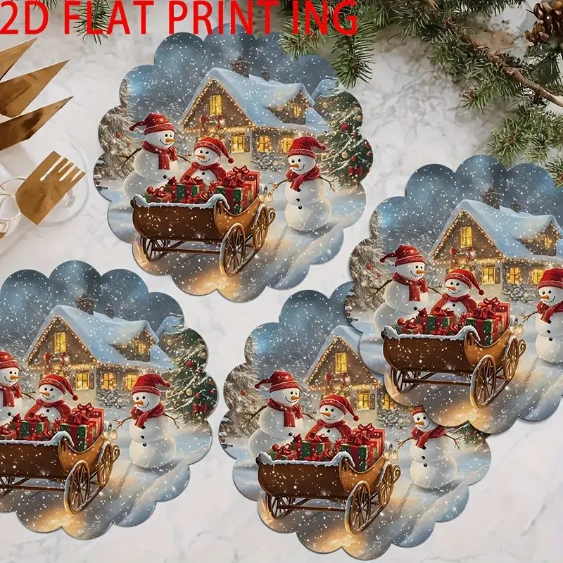 VIKAMA Christmas Placemat Snowman Sleigh Snow Scene Placemats Set Linen Table Mat Dining Kitchen Holiday Party Decor