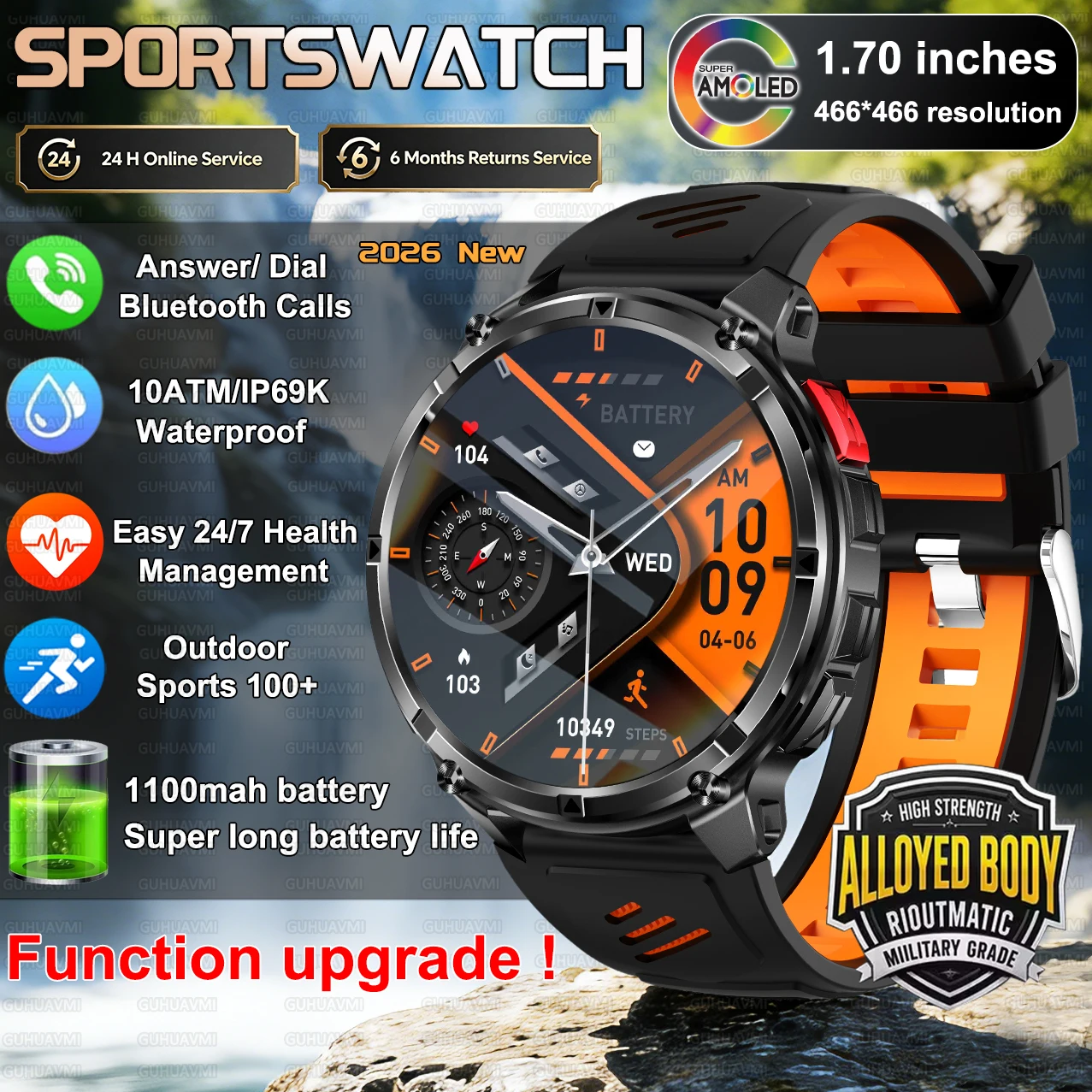2026 New Military Smart Watch 1100mah battery Compass Altimeter Barometric 10ATM Waterproof AMOLED Call Sports watch Men