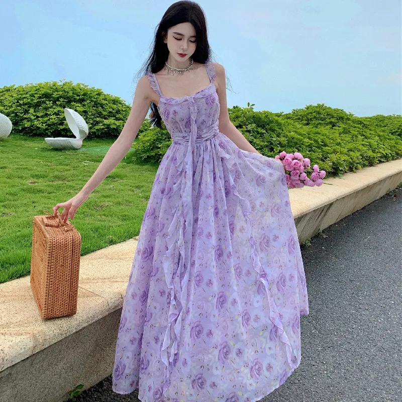 

Jacquo Iris Summer French Retro Super Fairy Fantasy Purple Court Style Retro Square Collar Strap Romantic Dress