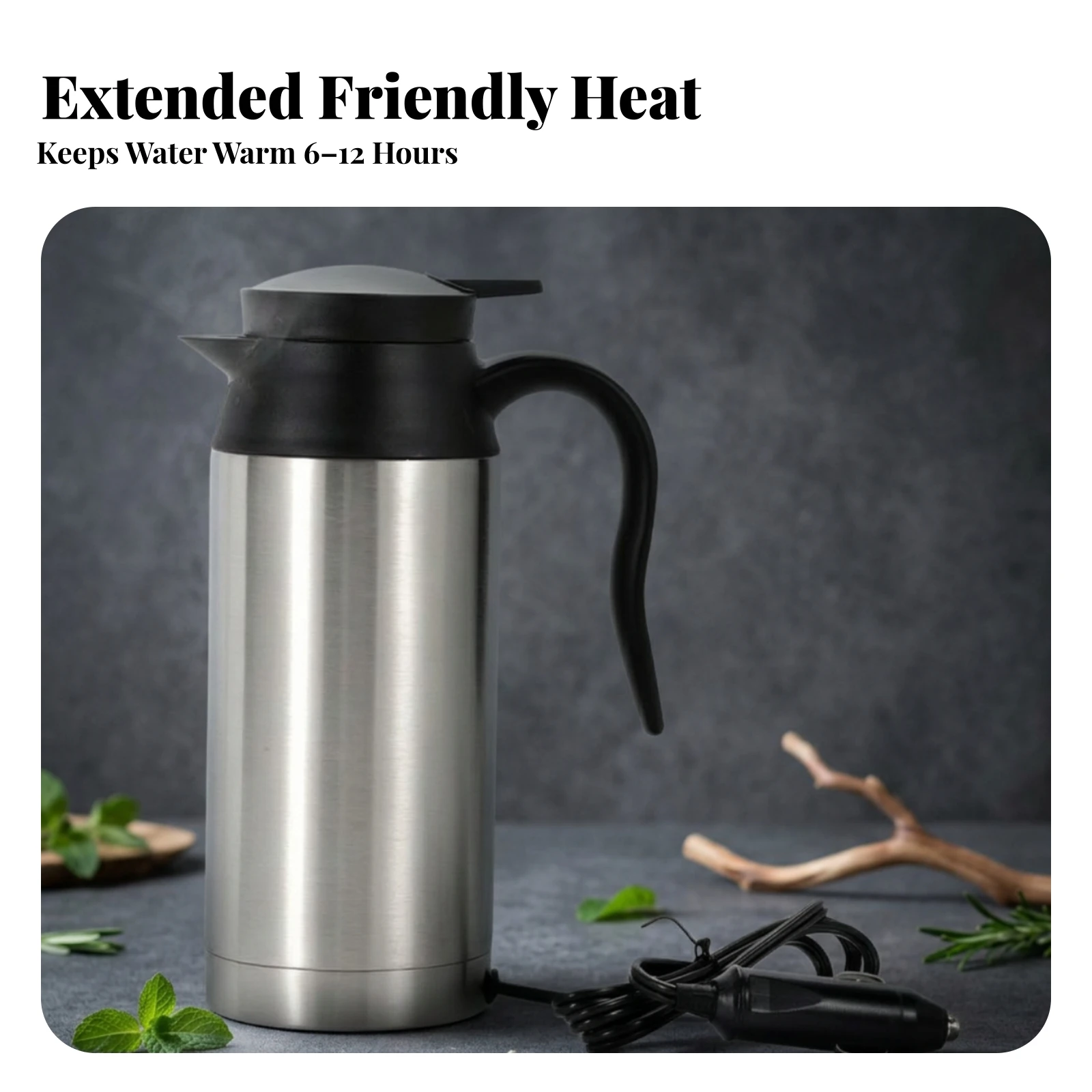 Car Kettle with Cigarette Lighter Plug Stainless Steel Car Kettle Appliance Portable for Drivers, Road Trips, Travel