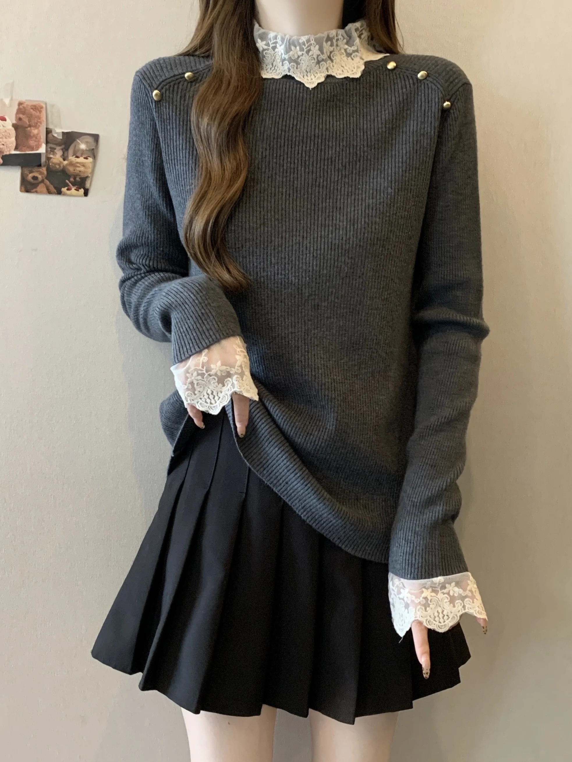 

plus Size Lace Trim f High Ne Knitted Sweater Women's Base Layer irt Conceals Belly Flatters Princ Sle Knitwear