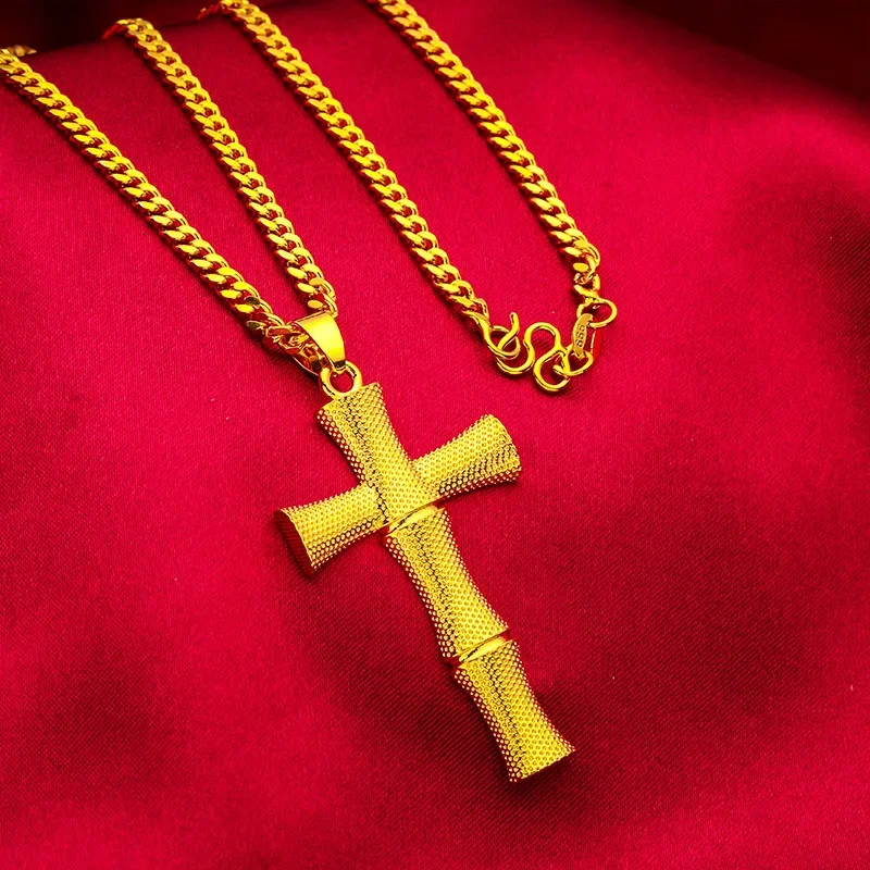

24K real gold 9999 yellow gold Cross Necklace Boss Flat 3mm Necklace
