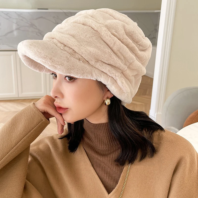 

Must-have Fur Hat For Winter Travel Ladies Luxury Rex Rabbit Fur Warm Hat With Pleated Patterns Embellished Fashionable Fur Hat