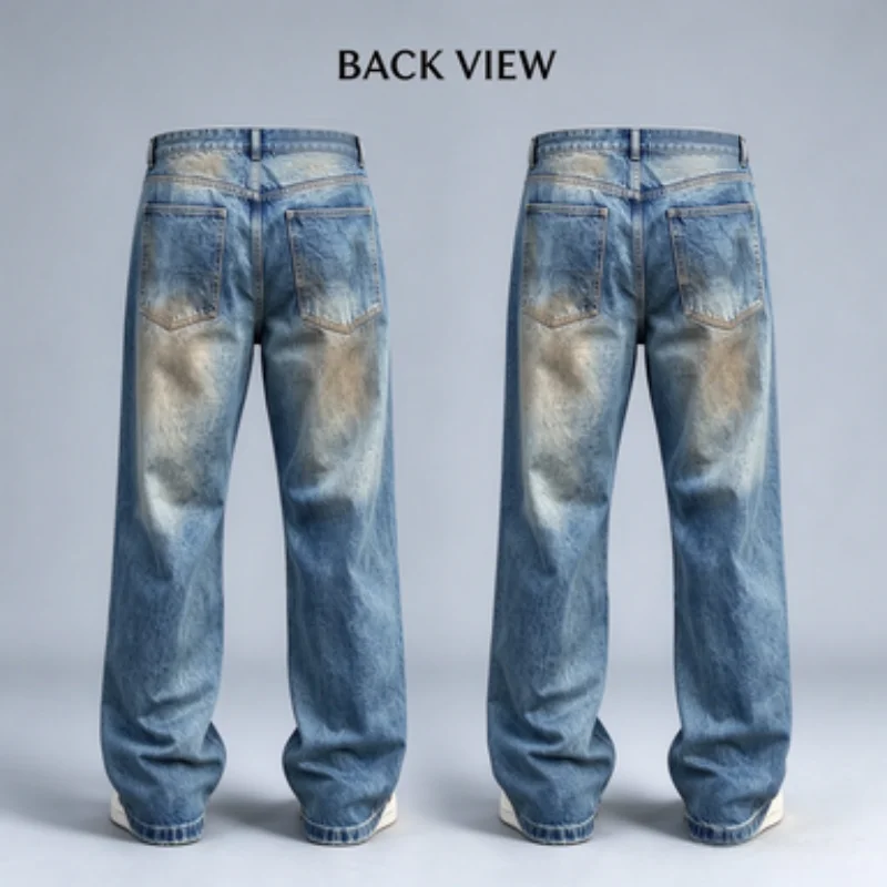 Men's Vintage Washed Jeans, Ripped Fringed Wide-Leg Straight Five-Pocket Street Fashion Pants