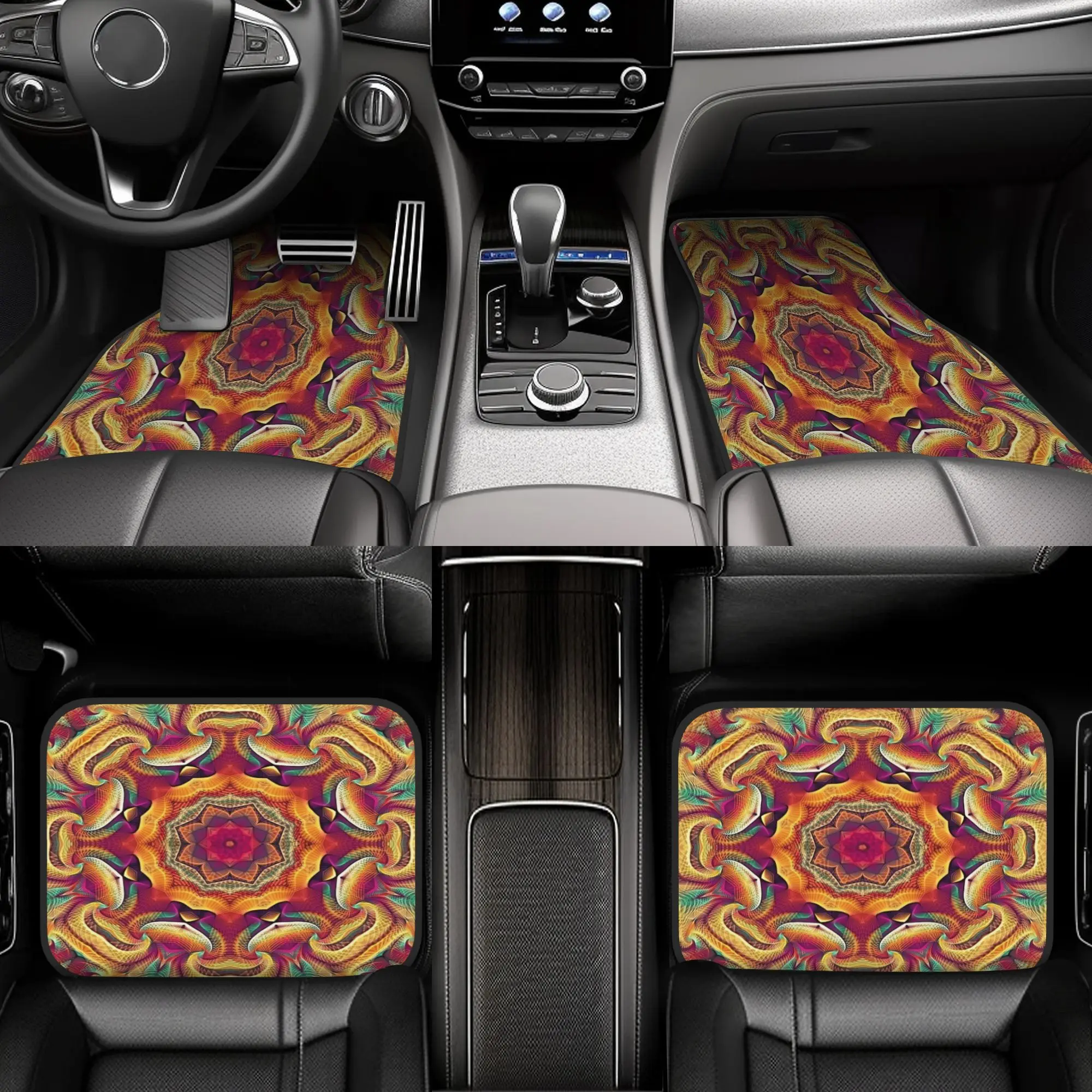 4pcs Flower Of Life Mandala (Shambhala) Car Floor Mats, Durable, Fit For Cars, Ideal Gift, Vehicle Interior Mats, Playful Design