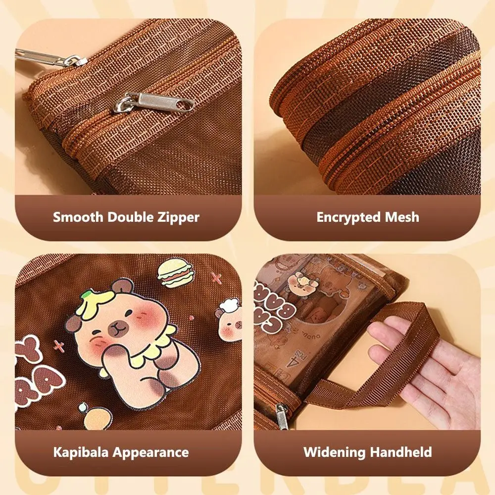 คุณภาพสูงตาข่าย Capybara กระเป๋าสีน้ําตาลเข้ม A4/A5/A6 ตาข่ายแบบพกพา Double Layer ปากกากระเป๋าโรงเรียนสํานักงาน