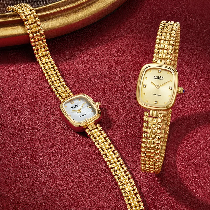 

Модные роскошные золотистые часы MARK FAIRWHALE для женщин, кварцевые наручные часы с ремешком из бусин, подарки для женщин