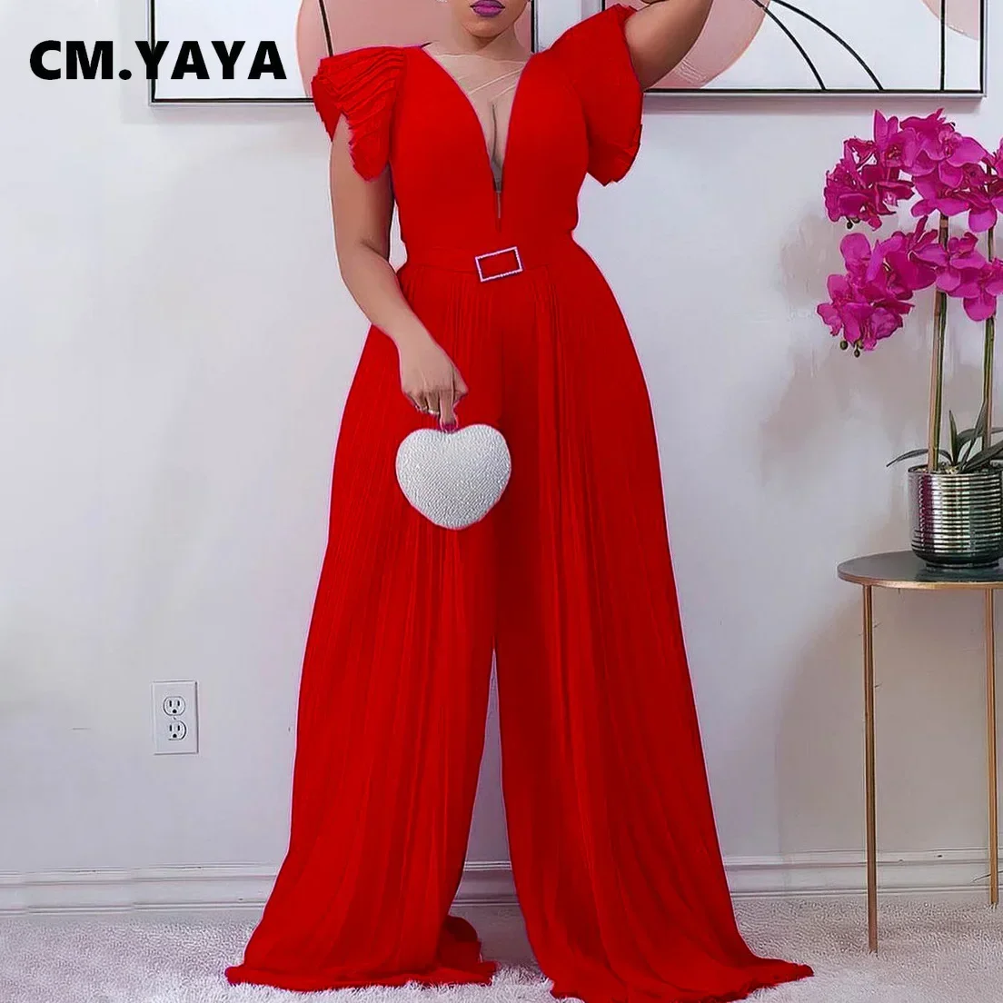 FANAN Elegant Mesh Patchwork Pleated Wide Leg High Waist V-neck Flare Sleeve Women Jumpsuit 2022 Summer Party Playsuit Overall