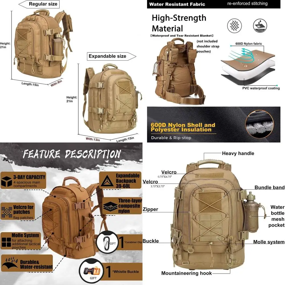 

3-Day Military-Grade Expandable Backpack: 40-64L for Hiking, Camping, and Gym Use