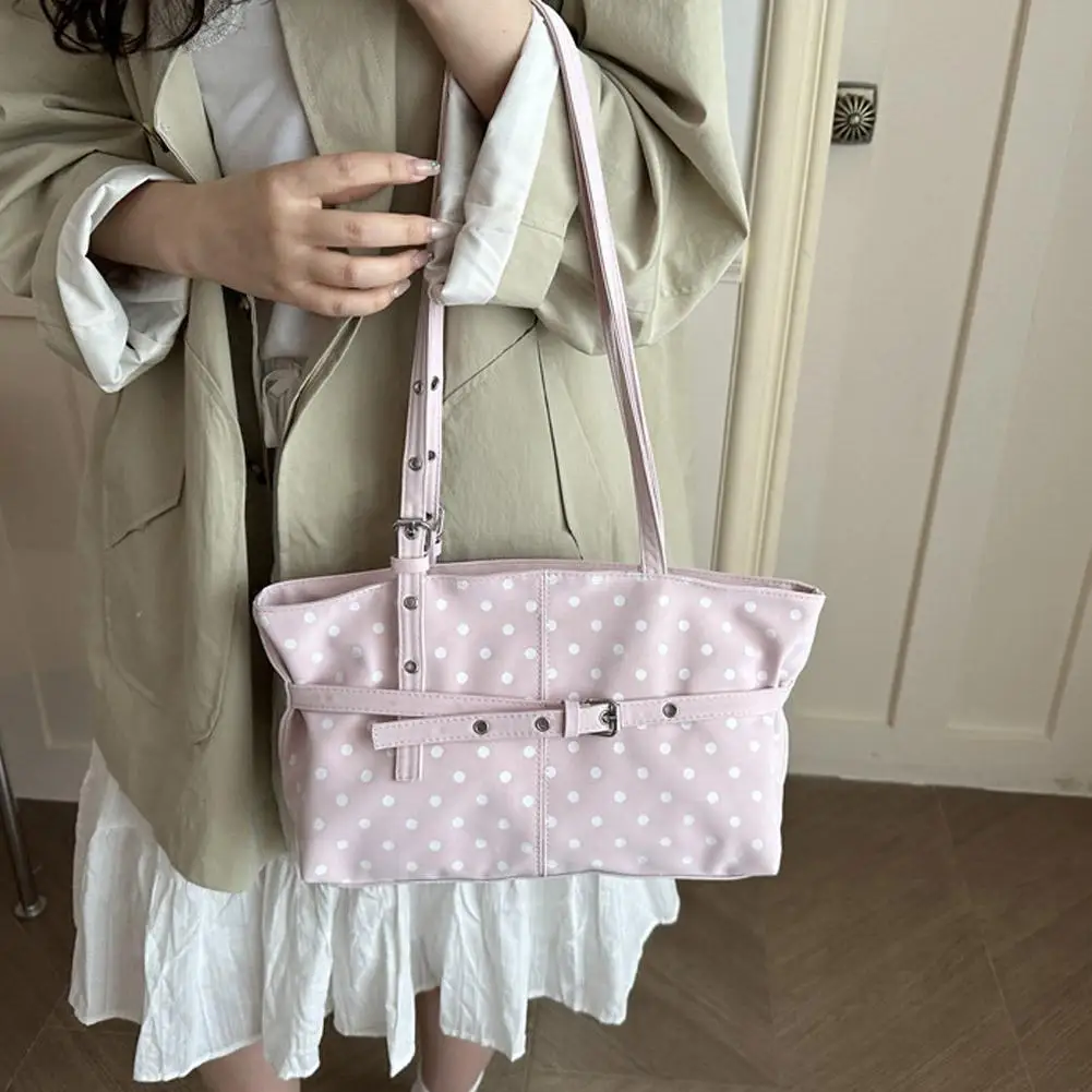 Lässige Schultertasche mit Polka-Dot-Muster, im koreanischen Stil, große Kapazität, ideal für den täglichen Gebrauch, Handtasche mit Schnallenriemen, Schultertasche für Damen. – Detail 22