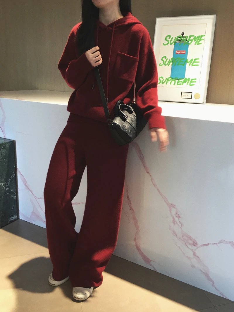 

Женский вязаный шерстяной комплект Cuijia: шапка, свитер, брюки, двойная вязка, 26 петель, повседневный длинный кардиган