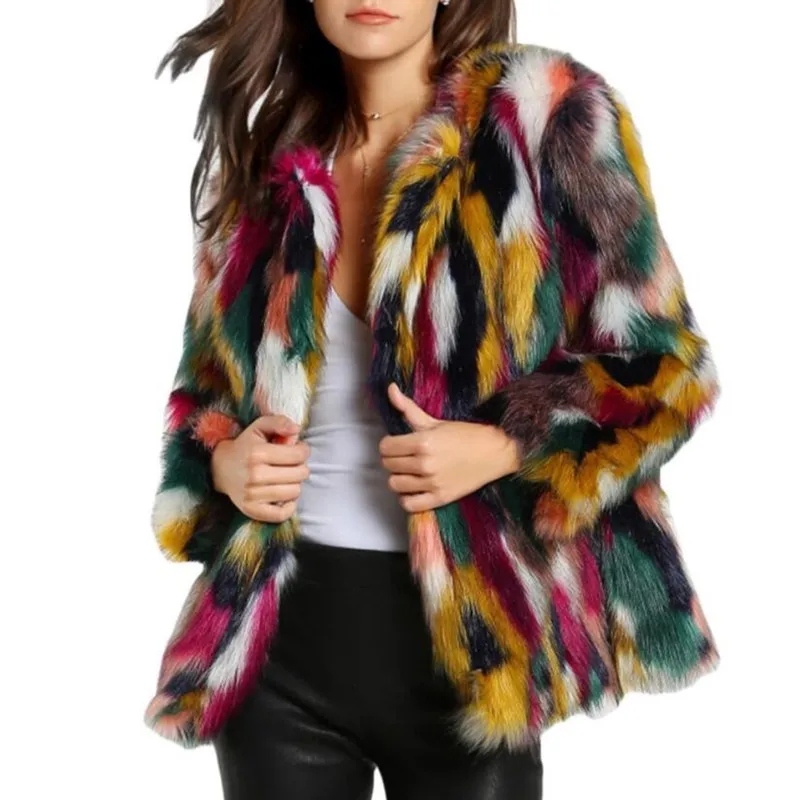 

Retro Autumn Winter Contrast Multi color Faux Fur Coat Hairy Shaggy Outwear Women Short Jacket Tops