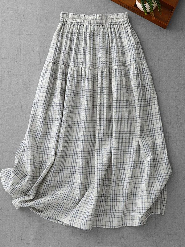 

Романтическая художественная хлопковая клетчатая светло-голубая белая юбка-ботин, женская хлопковая юбка трапециевидной формы со средней талией для поездок на работу