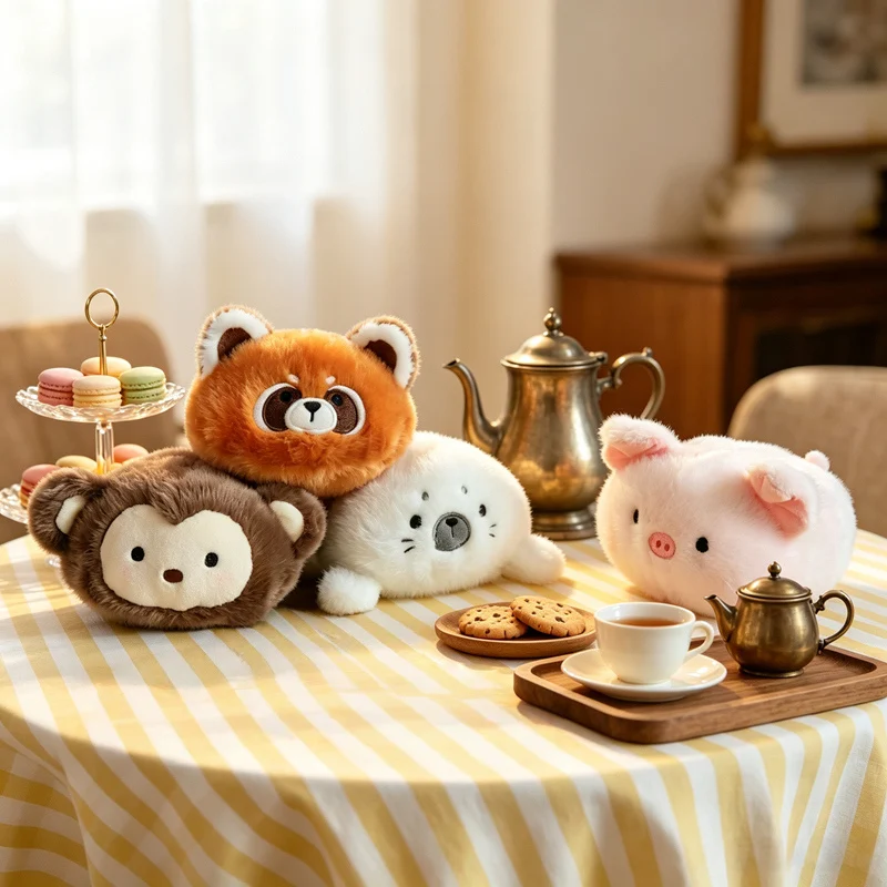 Animal Plush Toy Penguin Shiba Inu Raccoon 16cm Prone Stuffed Dolls with Round Shape for Office Desk Display Collection