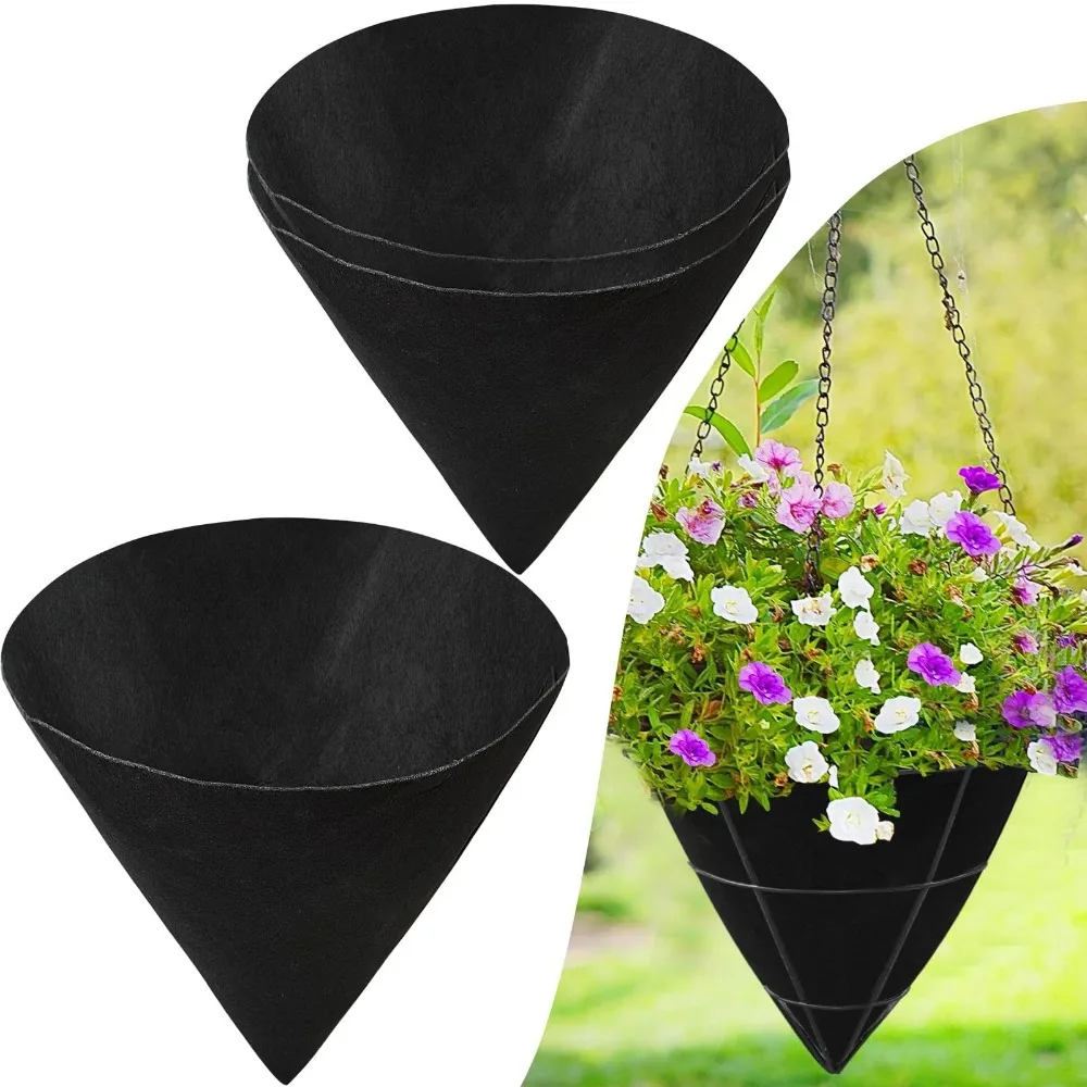 

3pcs Durable Breathable Cone Shaped Liners Reusable Black Felt Gardening Mats Eco-Friendly Hanging Plant Liners Flower Basket