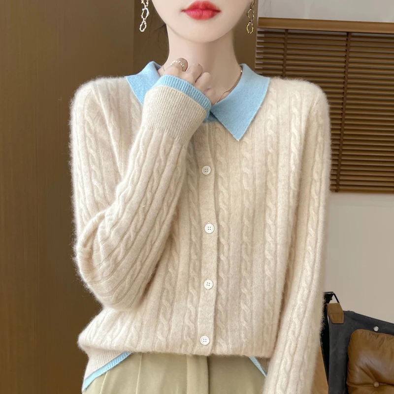 Autumn and winter new fashion fake two cardigan women\'s Polo neck trend color matching sweater 100% pure wool coat.