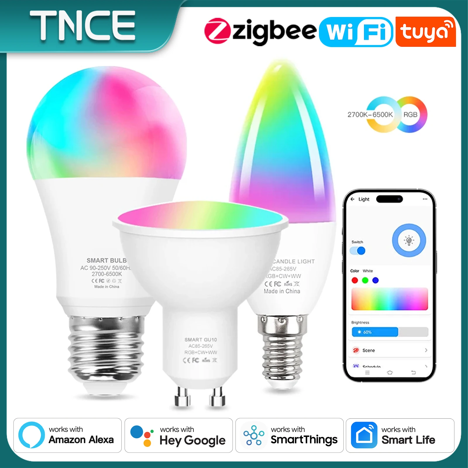 Лампочка TNCE Tuya E27 E14 GU10 WIFI Zigbee, приглушаемые светодиодные лампы 2700-6500k RGB, приложение Smart Life, с голосовым управлением Alexa Google Home