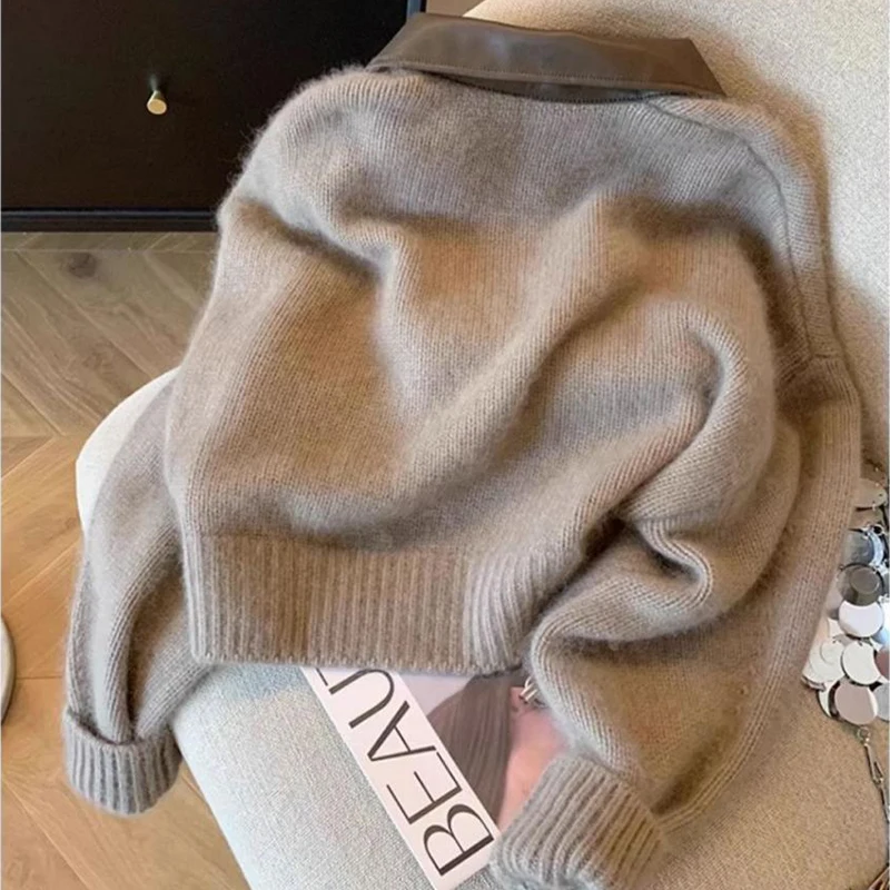 Epligg Spliced Leather Collar Knit Sweater Fashion Double Zipper Cardigan Women\'s Autumn/Winter Soft Vintage New Long Sleeve