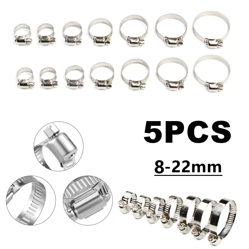 5Pcs 8-22mm Adjustable Stainless Steel Pipe Clamp Fuel Hose Pipe Clamps Worm Drive Durable Anti-oxidation Fastener