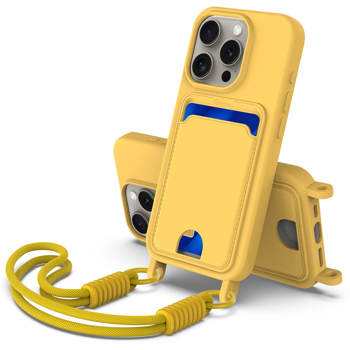 

Для iPhone 12 6,1 дюйма / iPhone 12 Pro 6,1 дюйма Жидкий силиконовый чехол для телефона Задняя крышка с держателем для карт и коротким ремешком - желтый