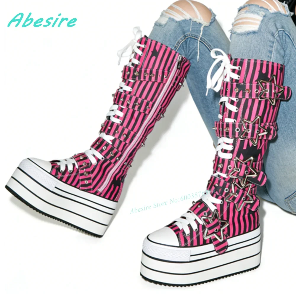 Round Toe Platform Red and Black Stripe Women's Boots Star-Shaped Belt Buckle Knee High Boots Cute Lace Up Tank Sole Shoes 2026 view 2