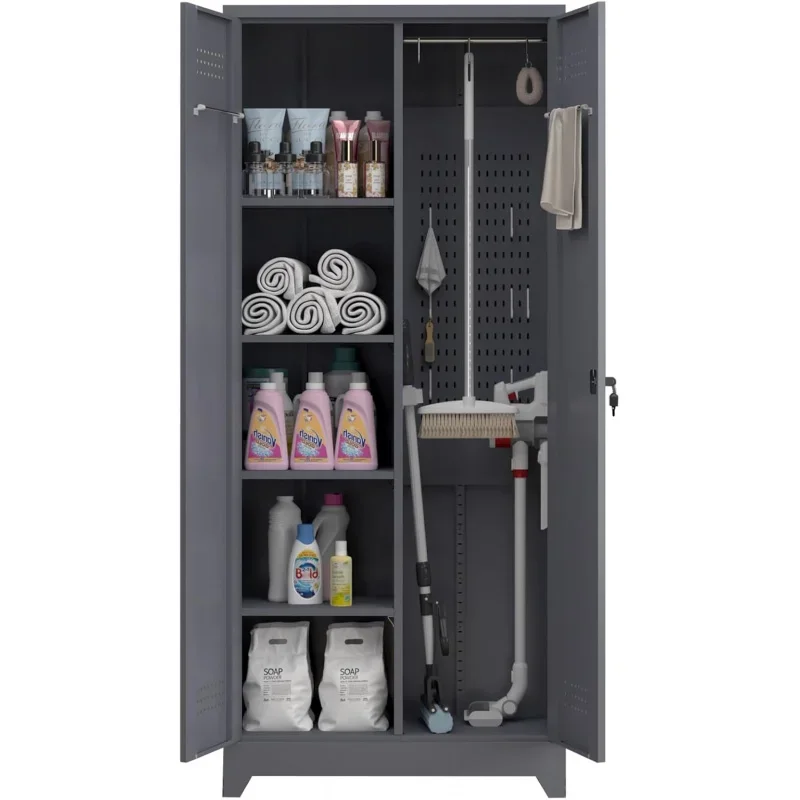 Metal , Broom Closet Cabinet Hooks, 72.8 Tall Garage Storage Cabinet with Shelves, Heavy-Duty Cleaning Storage Cabinet