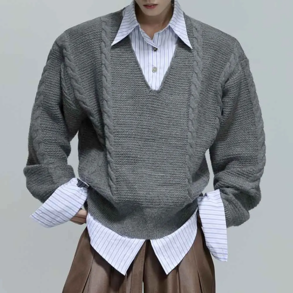 

Мужской осенний свитер из искусственного двух предметов, вязаный свитер, уличная одежда, модный повседневный универсальный уличный топ, мужская одежда 2025