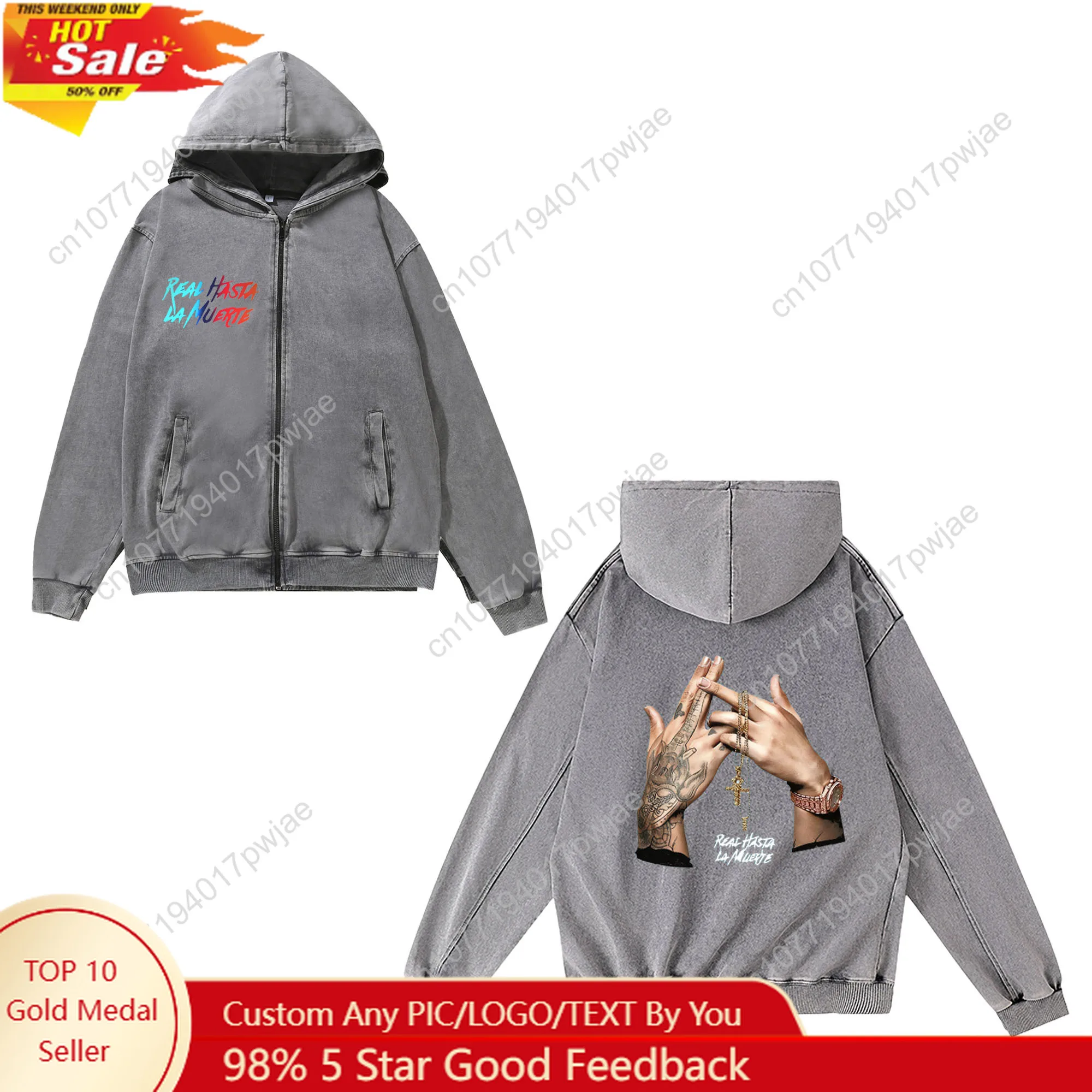 

Anuel AA Real Hasta la Muerte Zipper Sweatshirt Man Woman Vintage Hoodies Sweat Shirt With Pocket Full Customized Jacket Tops